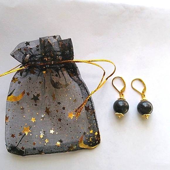 Jade of Yesteryear Charcoal Black Bead Drop Earrings Gold pl Sterling Silver hsn - Picture 5 of 5